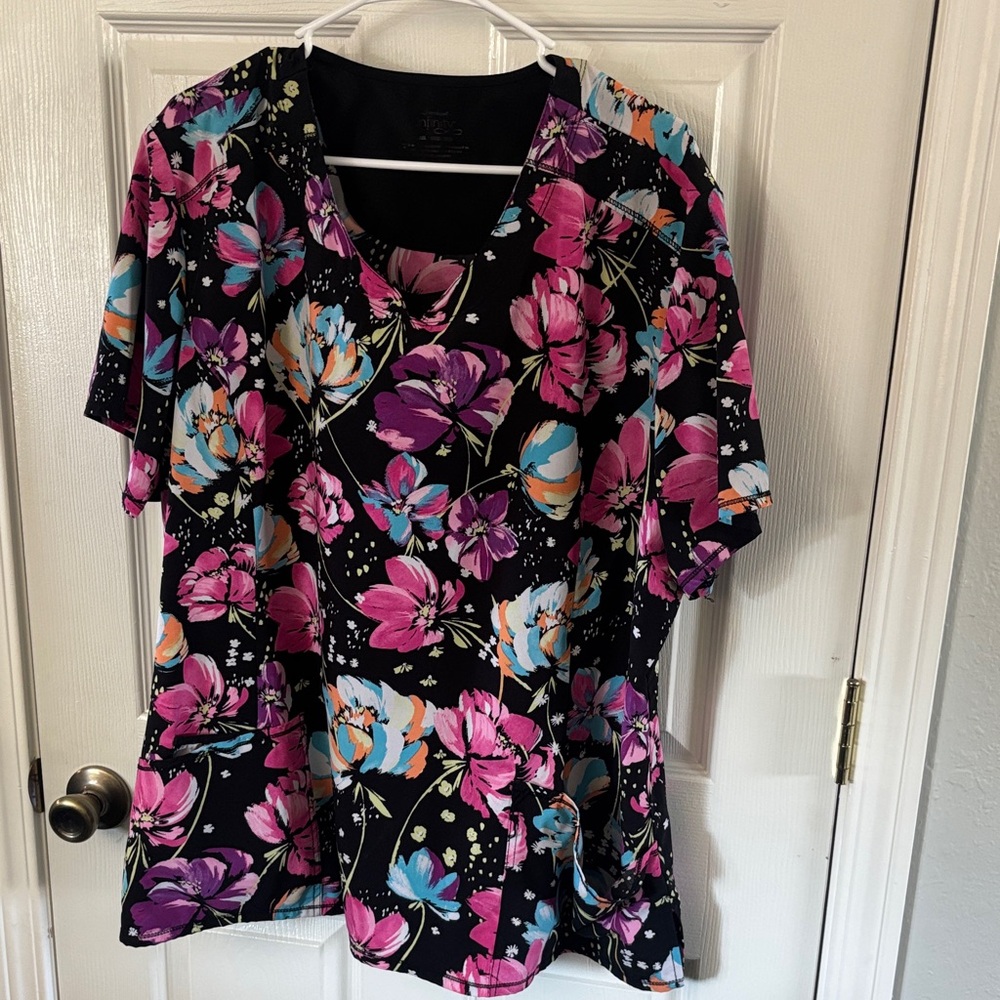 Floral Women's Scrub Top - Black, Pink, Blue